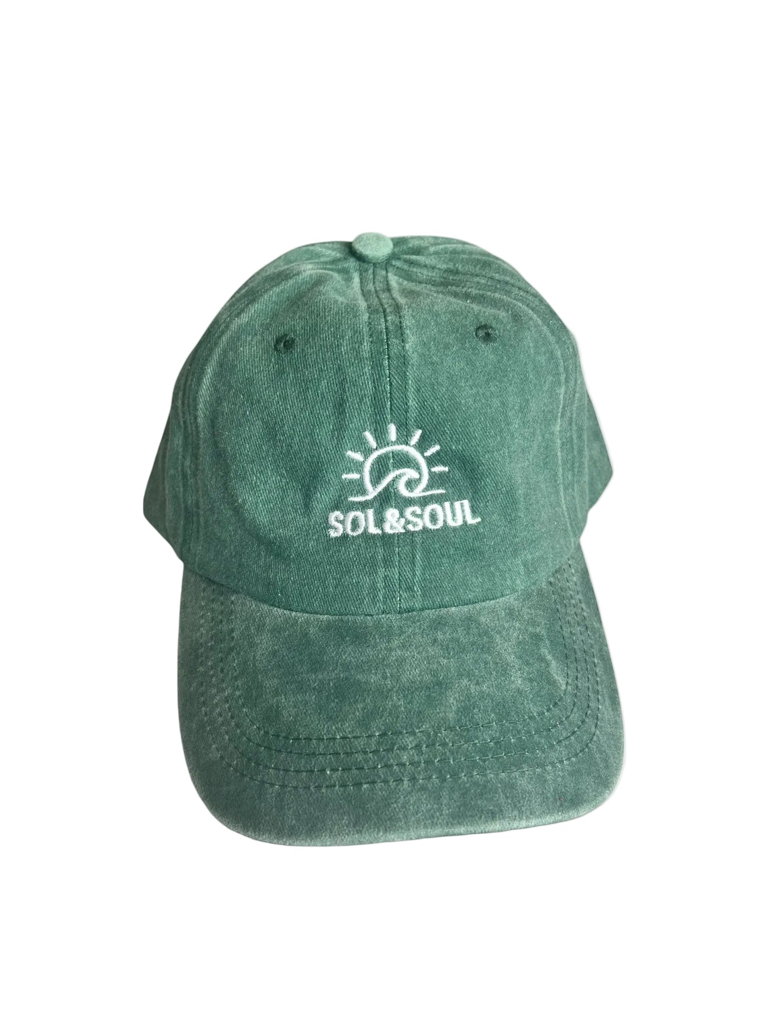 Dark green cap with 'Sol & Soul' logo on a white background