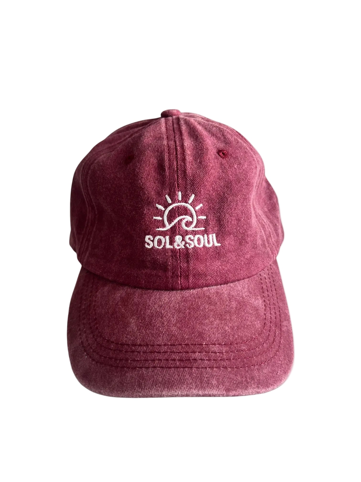 Maroon cap with 'Sol & Soul' logo on a white background