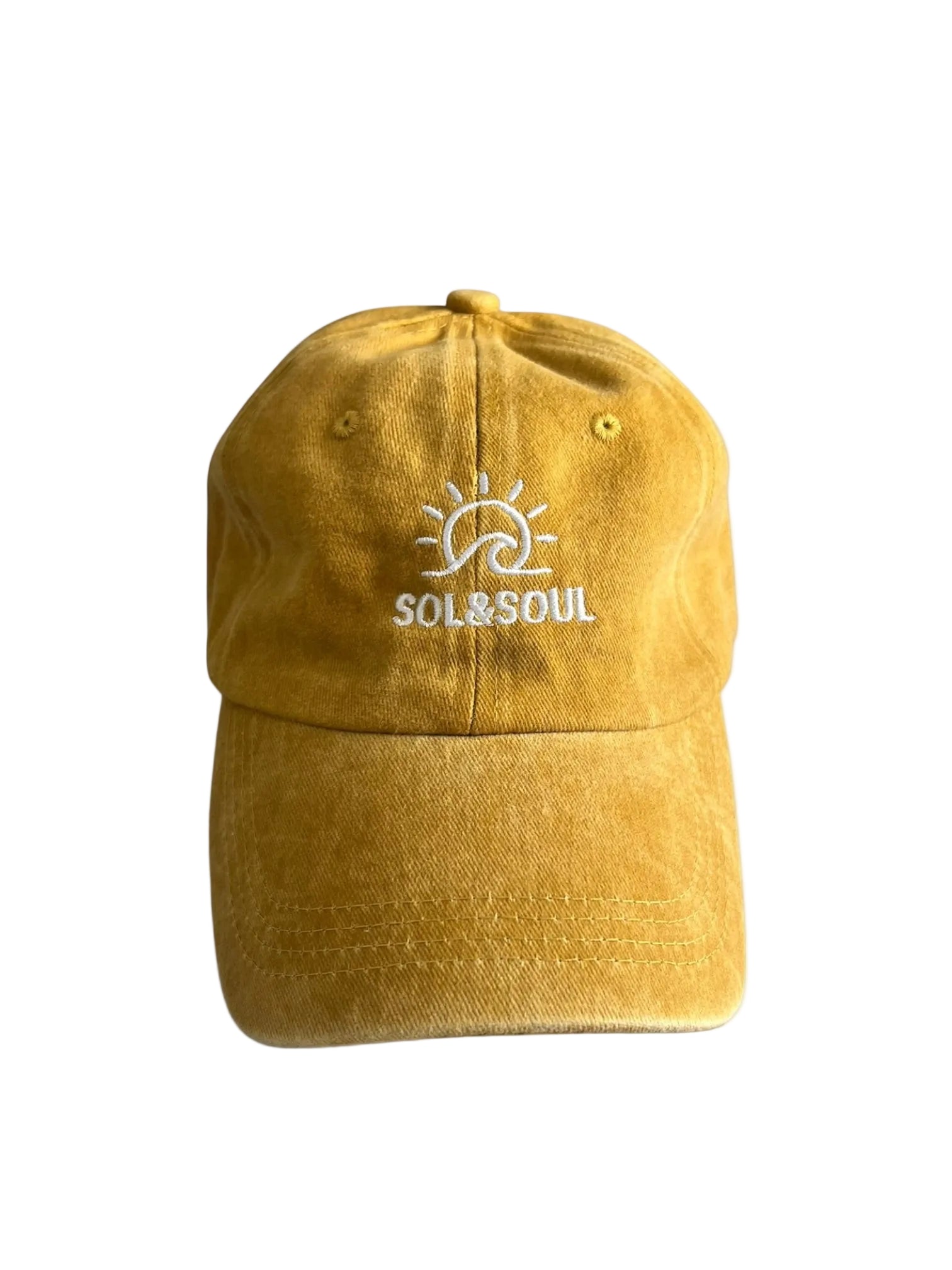 Mustard cap with 'SOL & SOUL' logo on a white background