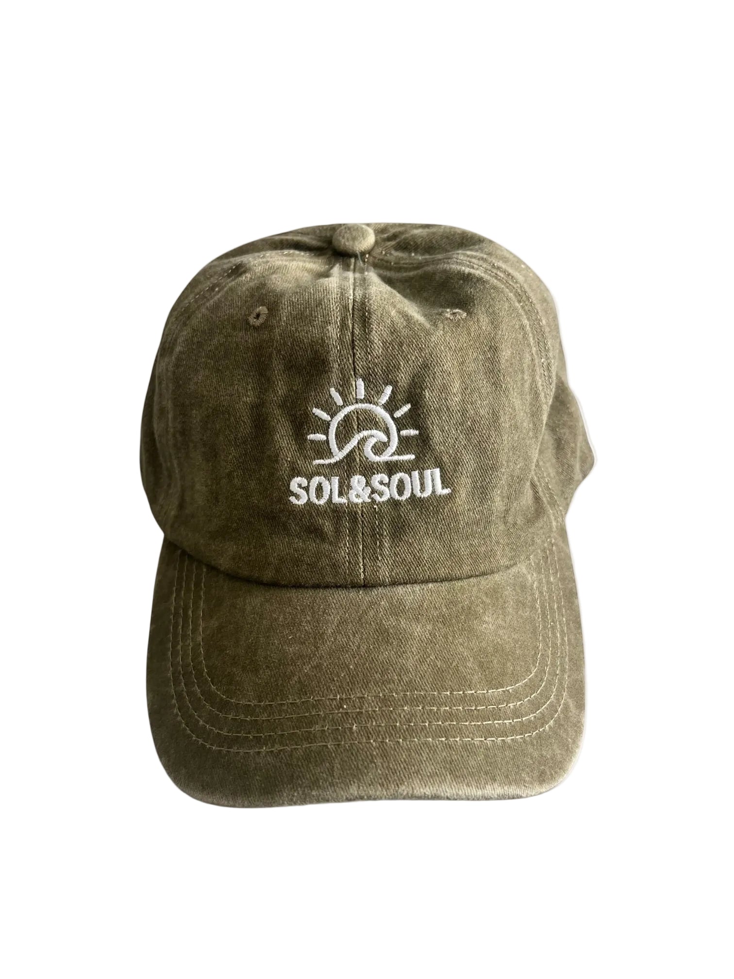 Olive green cap with 'SOL & SOUL' logo on a white background